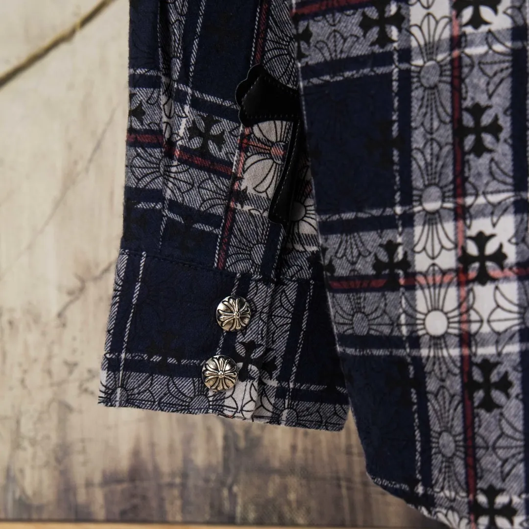 P280 zp version [Exclusive supply] Chrome Hearts classic cashew flower cross all-over printed jacquard long-sleeved top casual shirt for couples 1️⃣Customized original jacquard fabric, high-quality pure cotton jacquard plaid fabric, soft and comfortable to the touch, a very high-quality fabric! 2️⃣The details of the workmanship are perfectly controlled. The lining is made of vest hemming, and the cuffs are made of double cross leather labels. It is different from the ordinary version. The collar is also designed with interlining, which shows high-end fashion and personality. The style is fashionable, simple and elegant, and it is a very versatile jacket! 4⃣️Complete accessories, all customized with original versions! Same style for men and women Color: Cashew Purple Size: S M L XL Number: SG10485